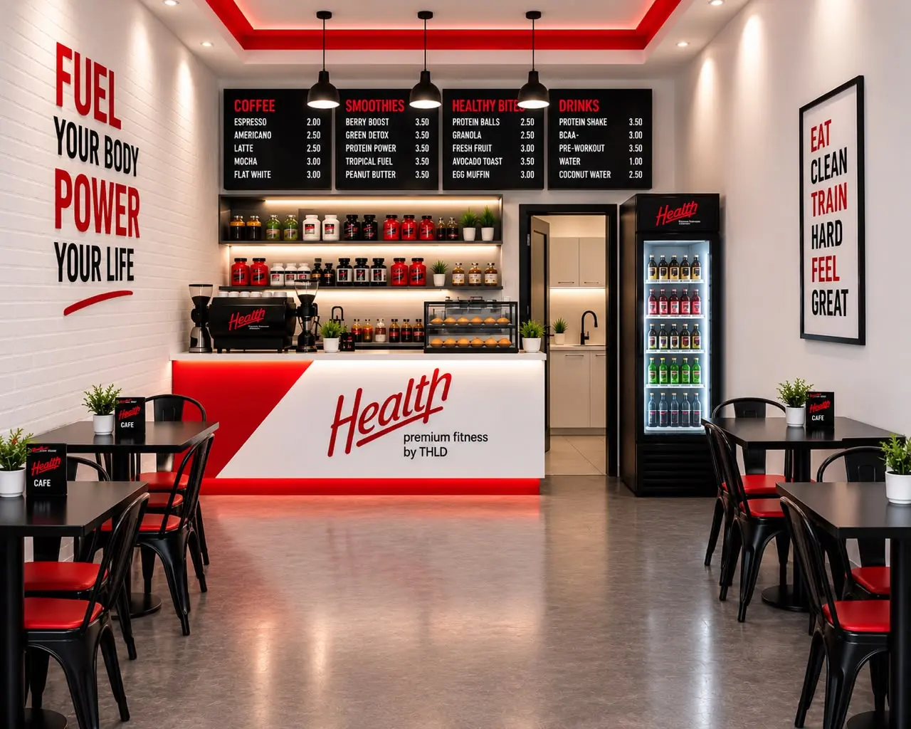 The Health café counter with a drinks fridge, menu boards and black and red seating.