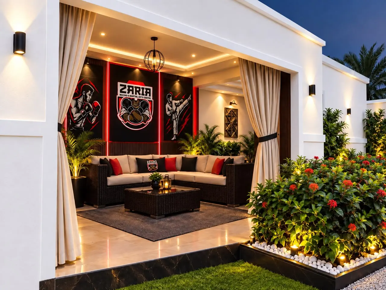 An outdoor lounge with sofas and the ZARIA crest on the wall, lit at night.