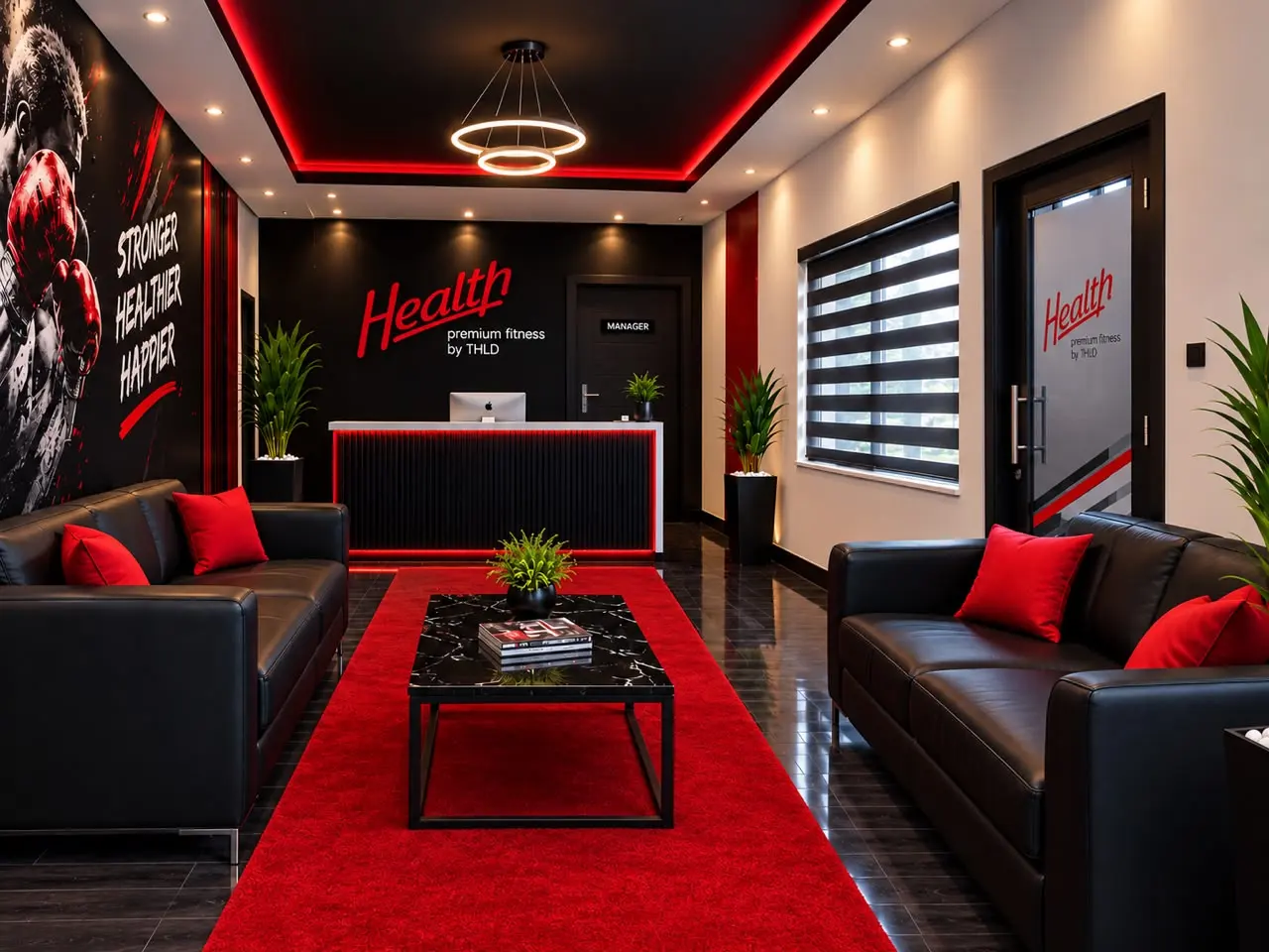 Reception with black leather sofas, a red rug and the Health premium fitness logo behind the front desk.