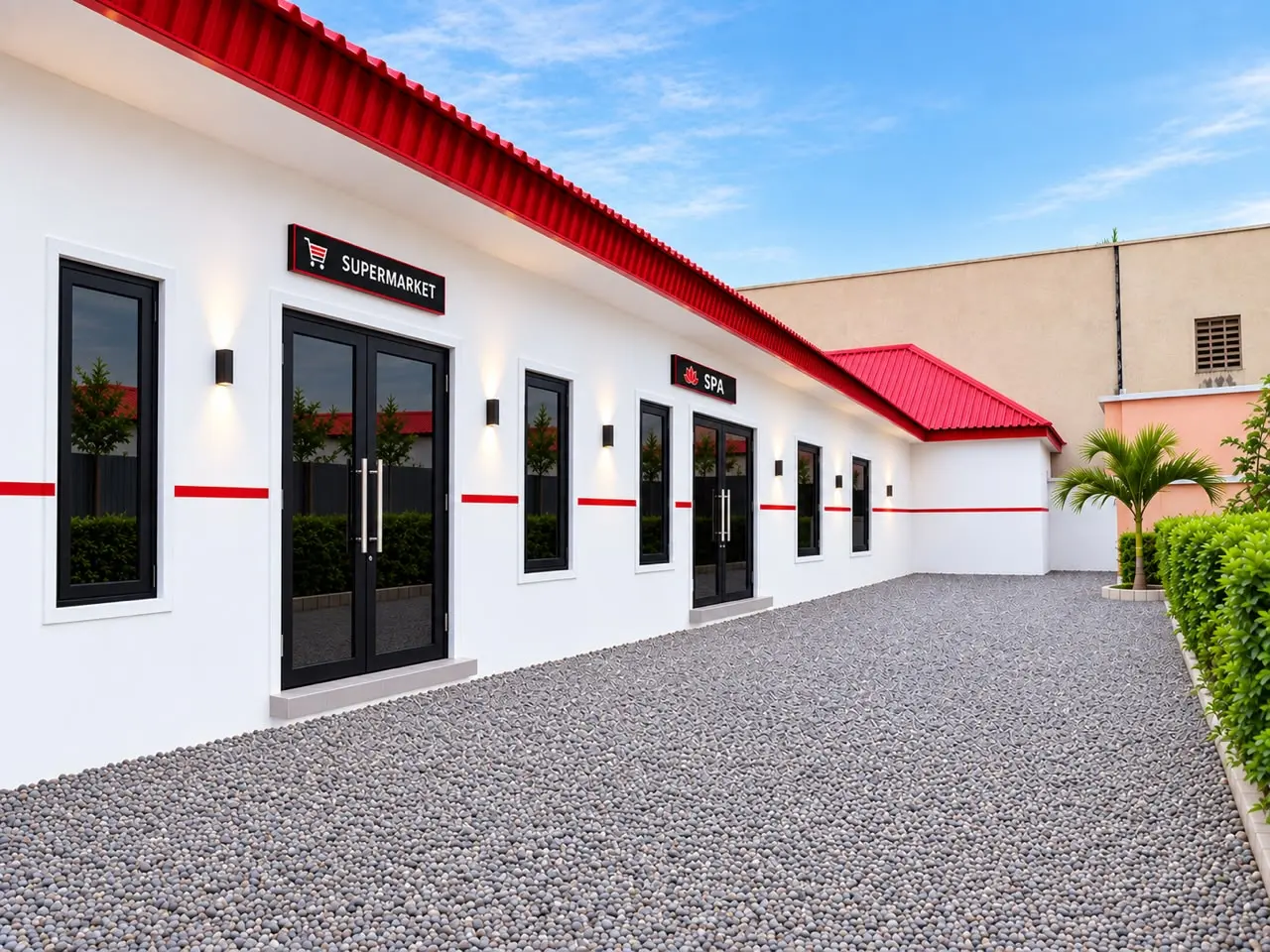 The building wing with the spa entrance under a red roof.